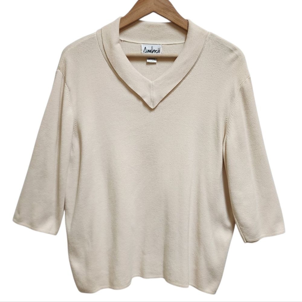 Ambra Sweater Women 2X Beige 100% Cotton Knit V Neck 3/4 Slv Pullover Soft Y2K
